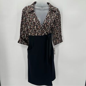 3/$15 AGB Dress Petite 6P Womens Black Brown Print Satin Wrap Sheath -flaws